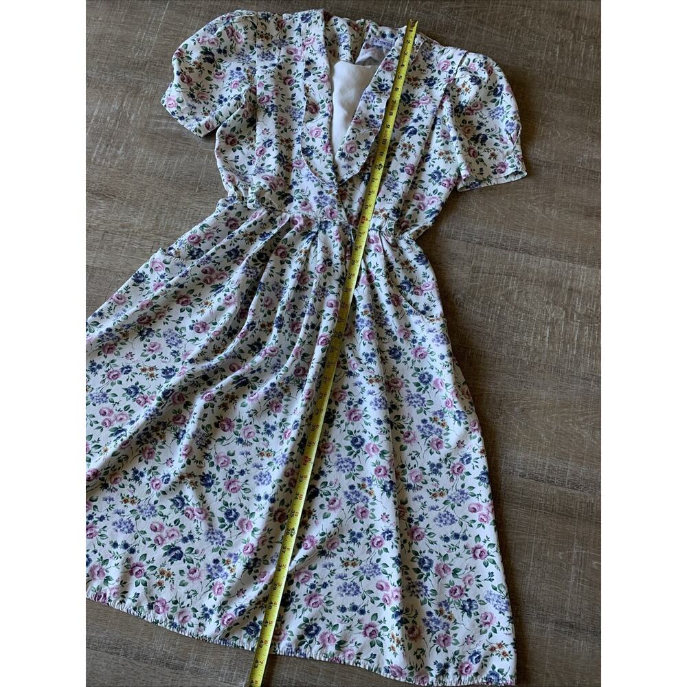 Vintage Periwinkle Floral Midi Dress Womens A-Line Puff Sleeve Belt Cottagecore - Picture 7 of 12